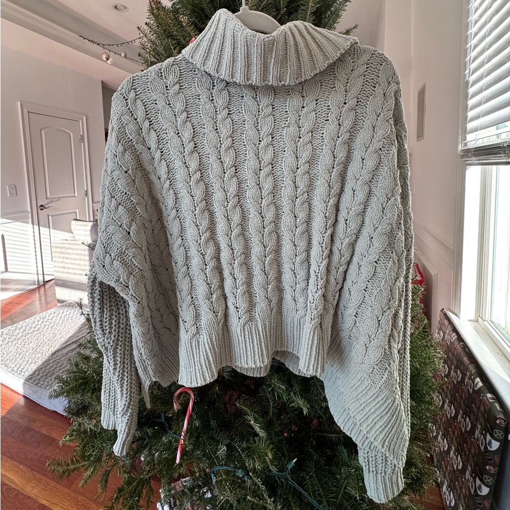 Light Green Cable Knit Turtleneck Sweater